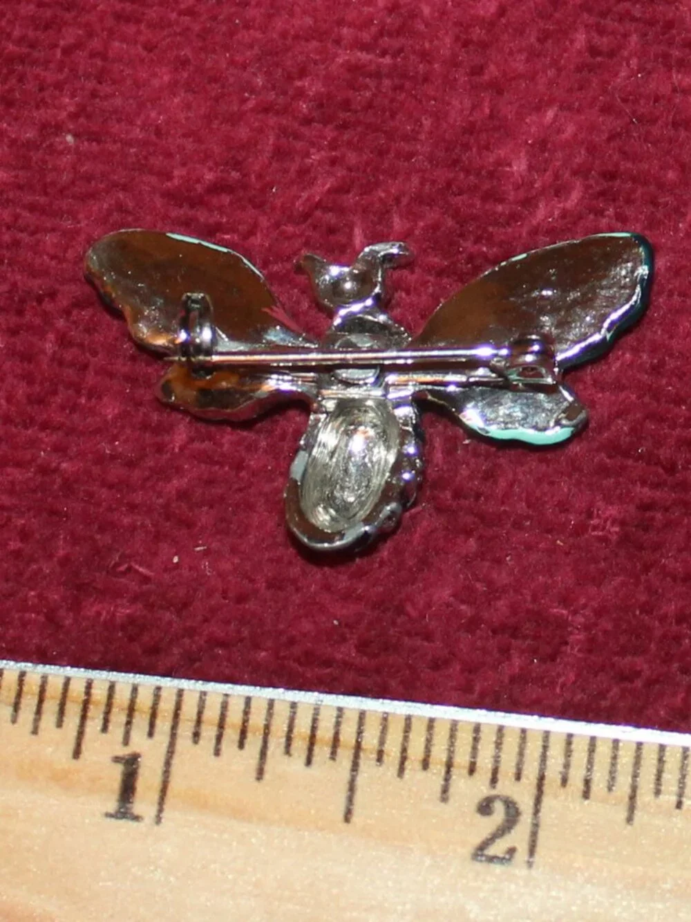 Vintage-style bee brooches w/teal blue enamel wings, rhinestone body details
